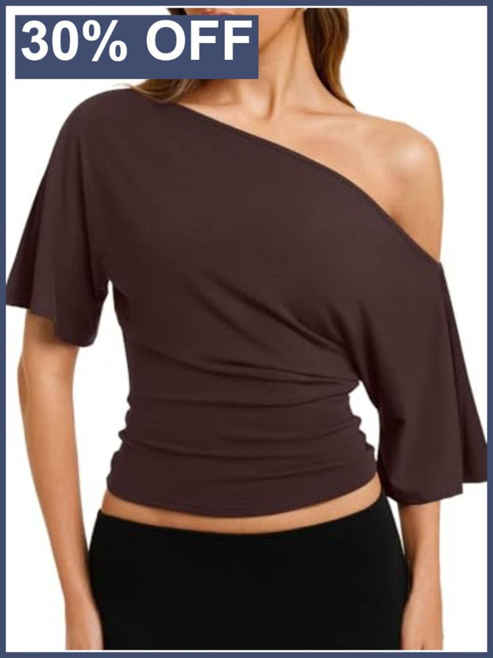 Off Shoulder Ruched Tee Short Sleeve Stretchy Banded Hem Women's Top